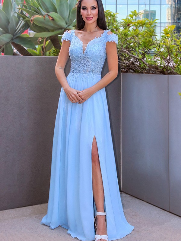 A-Line/Princess Floor-Length Off-the-Shoulder Sleeveless Chiffon Applique Dresses 3549