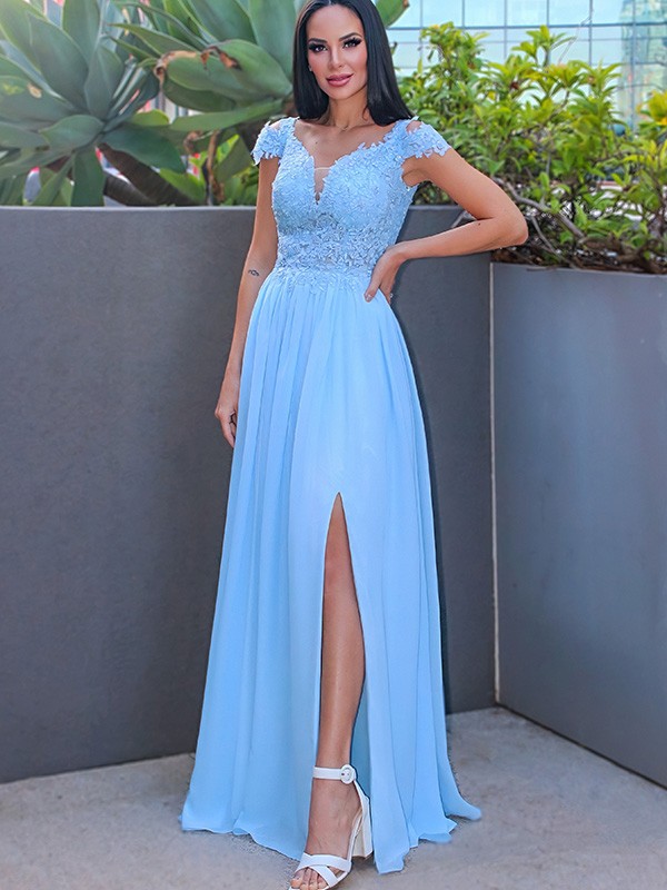 A-Line/Princess Floor-Length Off-the-Shoulder Sleeveless Chiffon Applique Dresses 3549