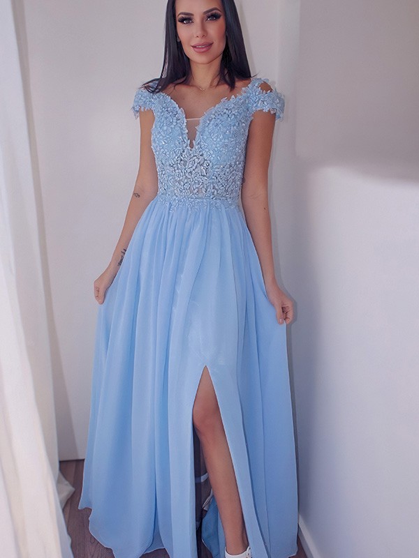 A-Line/Princess Floor-Length Off-the-Shoulder Sleeveless Chiffon Applique Dresses 3549