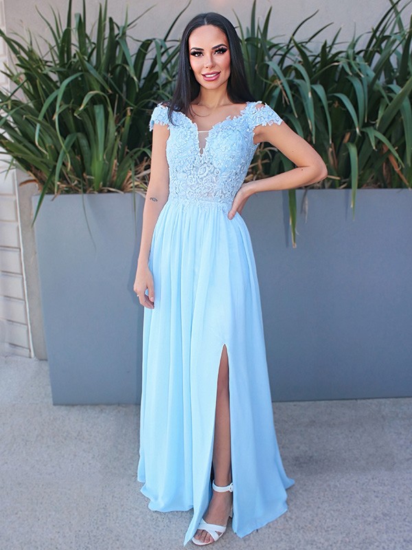 A-Line/Princess Floor-Length Off-the-Shoulder Sleeveless Chiffon Applique Dresses 3549