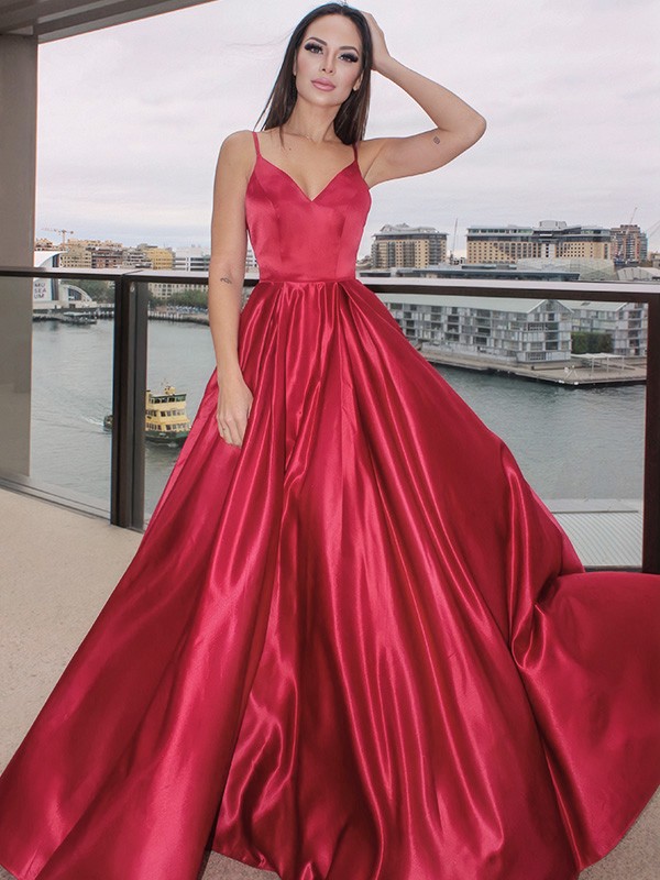 A-Line/Princess Sleeveless Ruffles V-neck Satin Floor-Length Dresses 4573