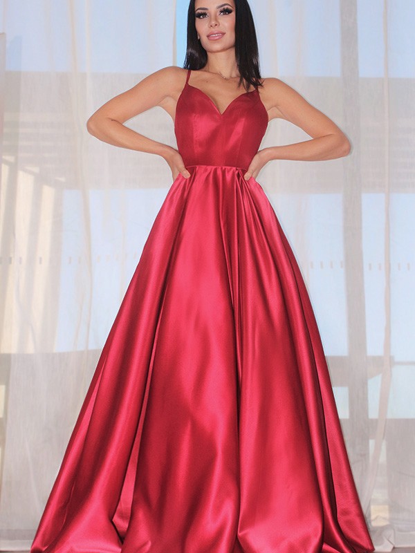 A-Line/Princess Sleeveless Ruffles V-neck Satin Floor-Length Dresses 4573