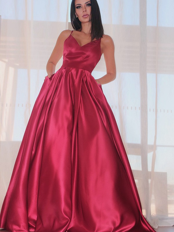 A-Line/Princess Sleeveless Ruffles V-neck Satin Floor-Length Dresses 4573