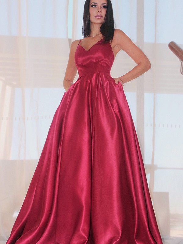 A-Line/Princess Sleeveless Ruffles V-neck Satin Floor-Length Dresses 4573