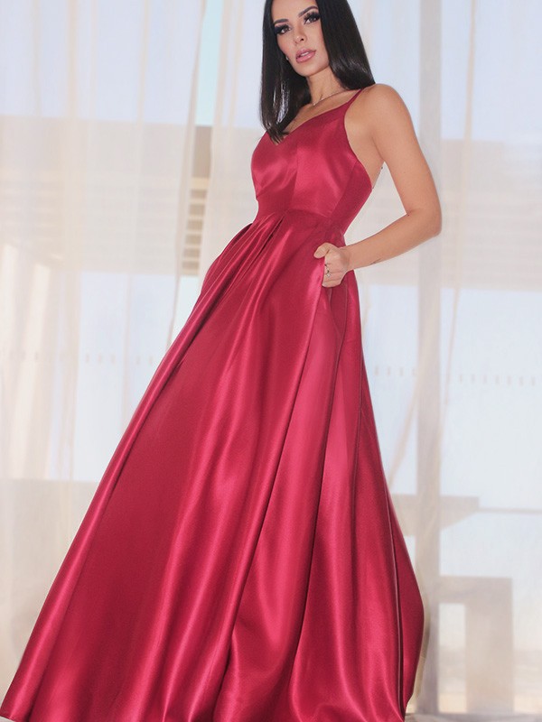 A-Line/Princess Sleeveless Ruffles V-neck Satin Floor-Length Dresses 4573