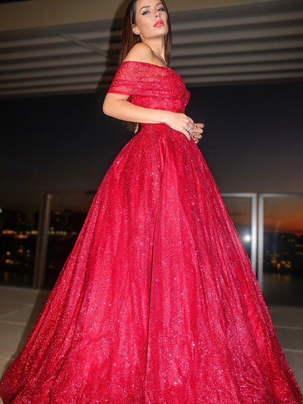 Ball Gown Off-the-Shoulder Sleeveless Satin Ruffles Floor-Length Dresses 5659