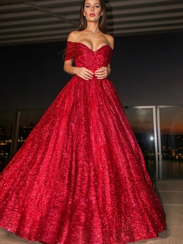 Ball Gown Off-the-Shoulder Sleeveless Satin Ruffles Floor-Length Dresses 5659