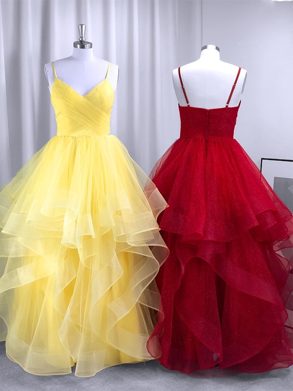 A-Line/Princess Ruffles Spaghetti Straps Sleeveless Tulle Floor-Length Dresses 4011