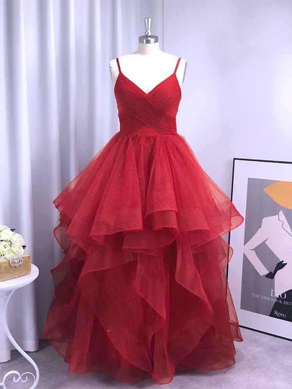 A-Line/Princess Ruffles Spaghetti Straps Sleeveless Tulle Floor-Length Dresses 4011