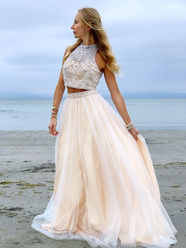 A-Line/Princess High Neck Tulle Beading Sleeveless Floor-Length Two Piece Dresses 3656