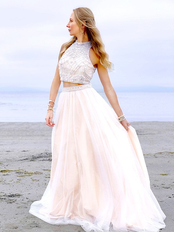 A-Line/Princess High Neck Tulle Beading Sleeveless Floor-Length Two Piece Dresses 3656