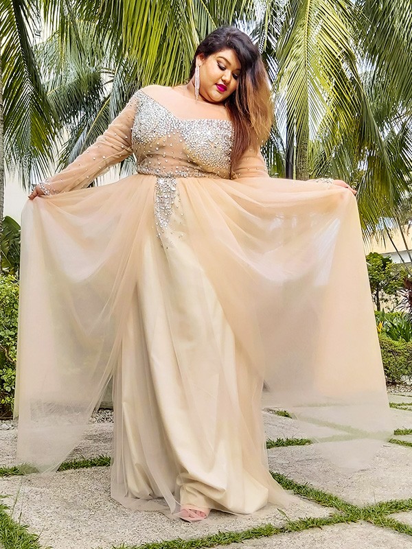 Ball Gown Tulle Long Sleeves Off-the-Shoulder Sequin Floor-Length Plus Size Dresses 5795