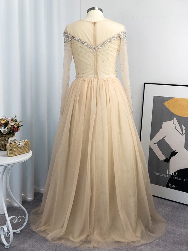 Ball Gown Tulle Long Sleeves Off-the-Shoulder Sequin Floor-Length Plus Size Dresses 5795