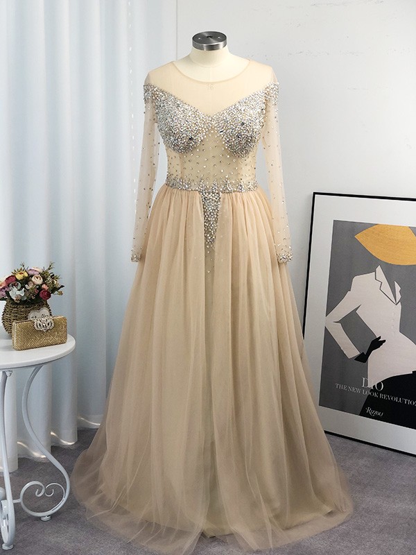 Ball Gown Tulle Long Sleeves Off-the-Shoulder Sequin Floor-Length Plus Size Dresses 5795