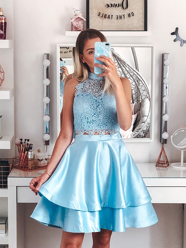 A-Line/Princess Satin Lace Sleeveless Halter Short/Mini Two Piece Homecoming Dresses 4108