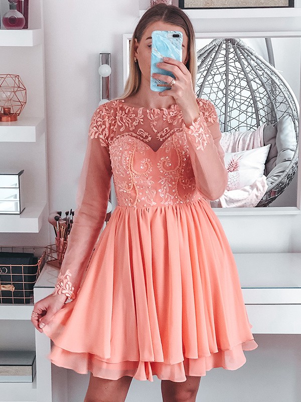 A-Line/Princess Bateau Long Sleeves Short/Mini Applique Chiffon Homecoming Dresses 3383