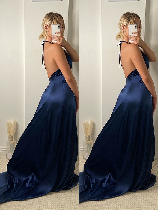 A-Line/Princess V-neck Sweep/Brush Train Ruffles Silk like Satin Sleeveless Dresses 5586