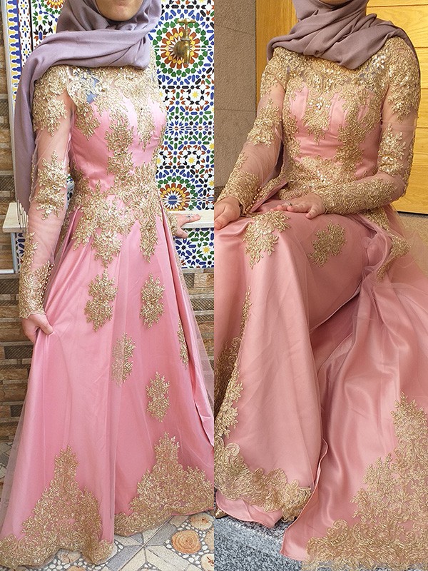 A-Line/Princess Long Sleeves Scoop Floor-Length Applique Tulle Muslim Dresses 3761