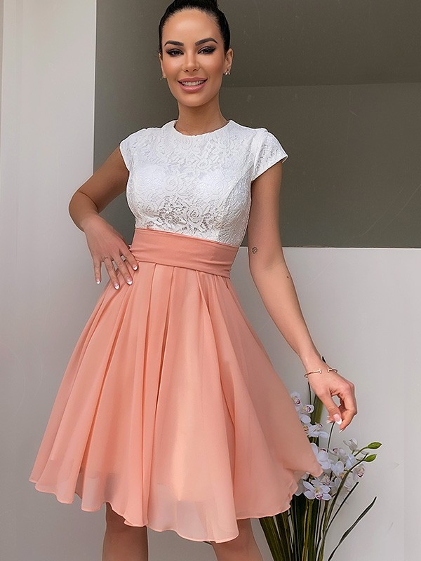 A-Line/Princess Jewel Sleeveless Lace Short/Mini Chiffon Homecoming Dresses 3698