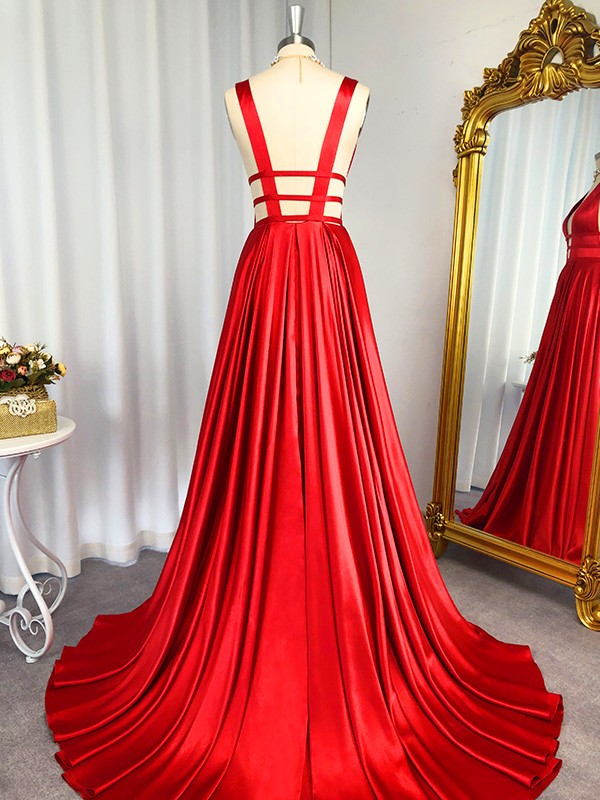 A-Line/Princess V-Neck Sleeveless Sweep/Brush Train Elastic Woven Satin Dresses 5579