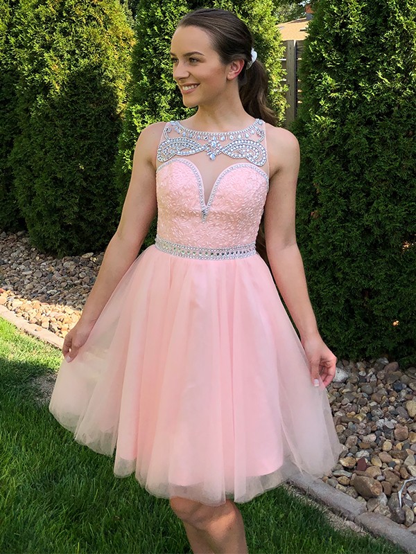 A-Line/Princess Scoop Tulle Sleeveless Beading Short/Mini Homecoming Dresses 4373