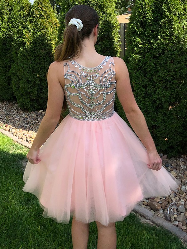 A-Line/Princess Scoop Tulle Sleeveless Beading Short/Mini Homecoming Dresses 4373