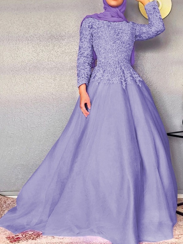 Ball Gown Long Sleeves Lace Tulle Jewel Floor-Length Dresses 5640