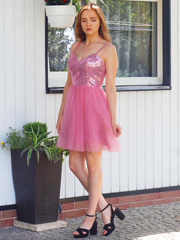 A-Line/Princess Sleeveless Tulle Sequin Spaghetti Straps Short/Mini Homecoming Dresses 4632