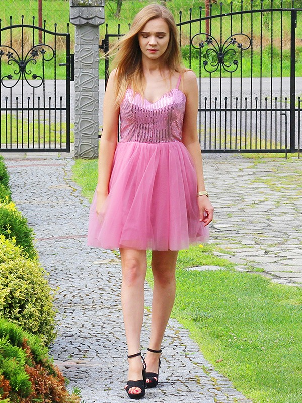 A-Line/Princess Sleeveless Tulle Sequin Spaghetti Straps Short/Mini Homecoming Dresses 4632