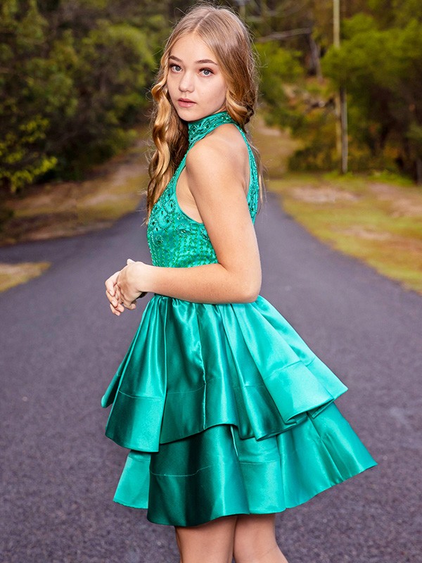 A-Line/Princess Satin Sleeveless Beading Jewel Short/Mini Homecoming Dresses 4248