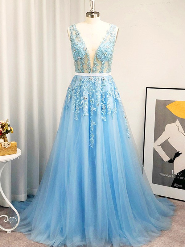 A-Line/Princess Tulle Applique V-neck Sleeveless Sweep/Brush Train Dresses 5242