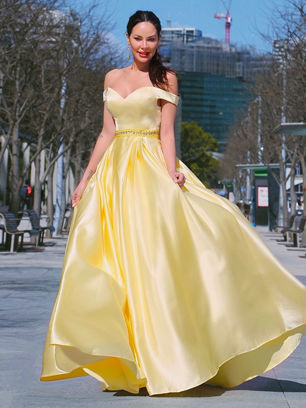 A-Line/Princess Sleeveless Off-the-Shoulder Satin Ruffles Floor-Length Dresses 4556