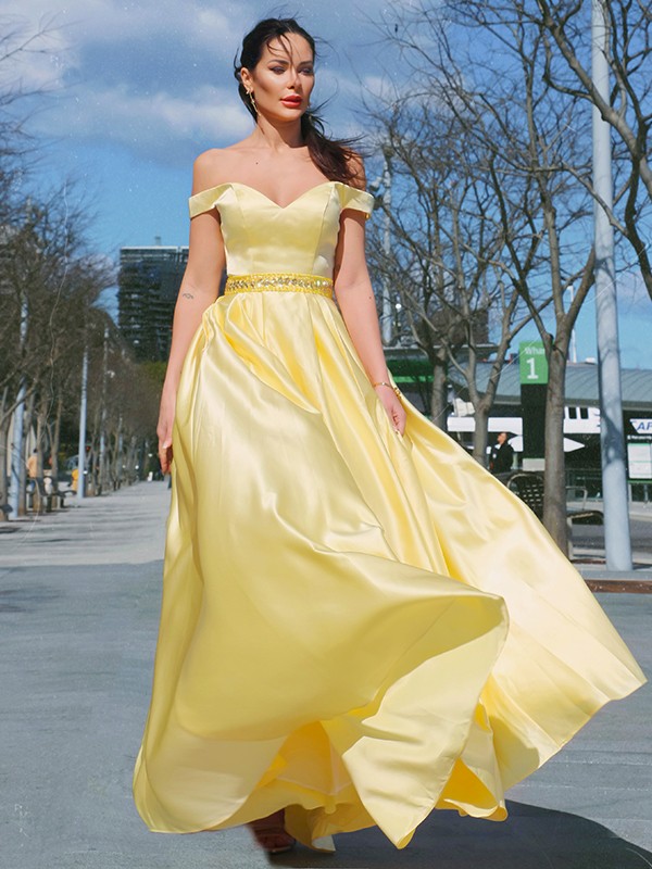 A-Line/Princess Sleeveless Off-the-Shoulder Satin Ruffles Floor-Length Dresses 4556