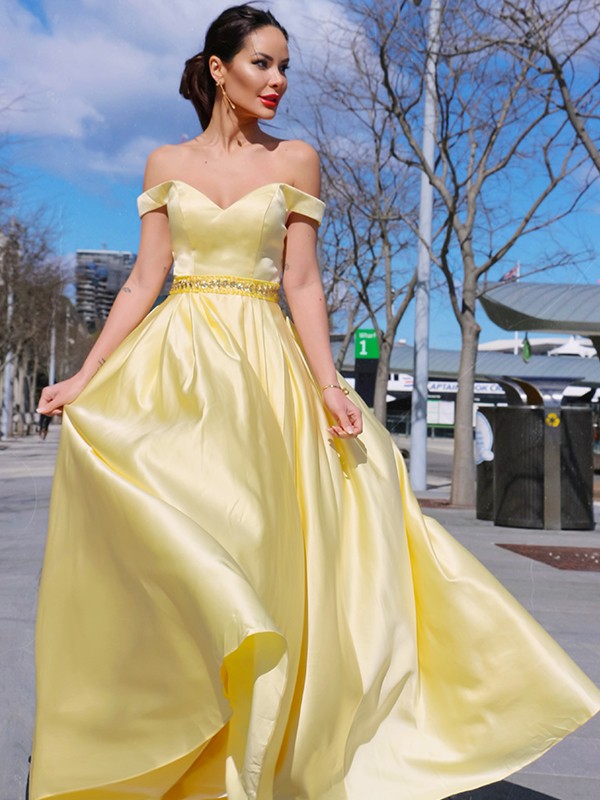 A-Line/Princess Sleeveless Off-the-Shoulder Satin Ruffles Floor-Length Dresses 4556