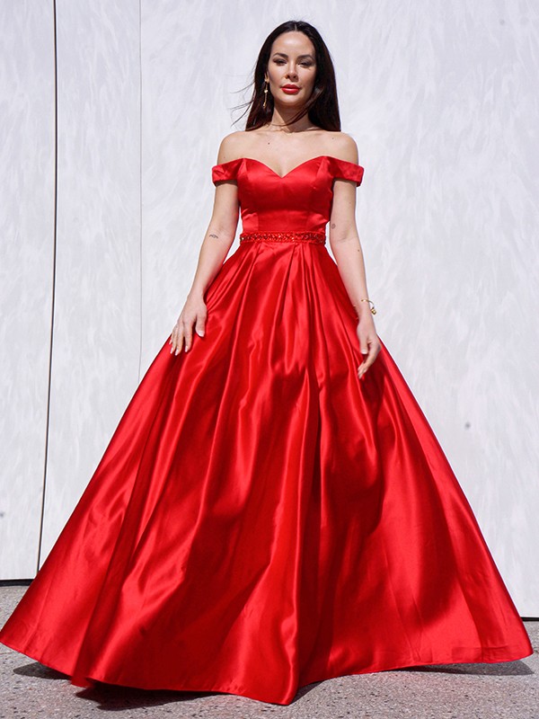 A-Line/Princess Sleeveless Off-the-Shoulder Satin Ruffles Floor-Length Dresses 4556