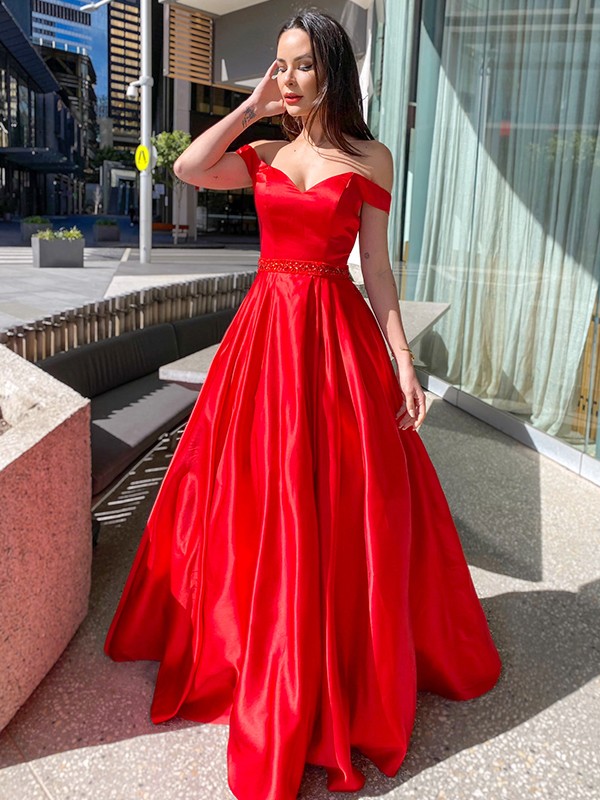 A-Line/Princess Sleeveless Off-the-Shoulder Satin Ruffles Floor-Length Dresses 4556