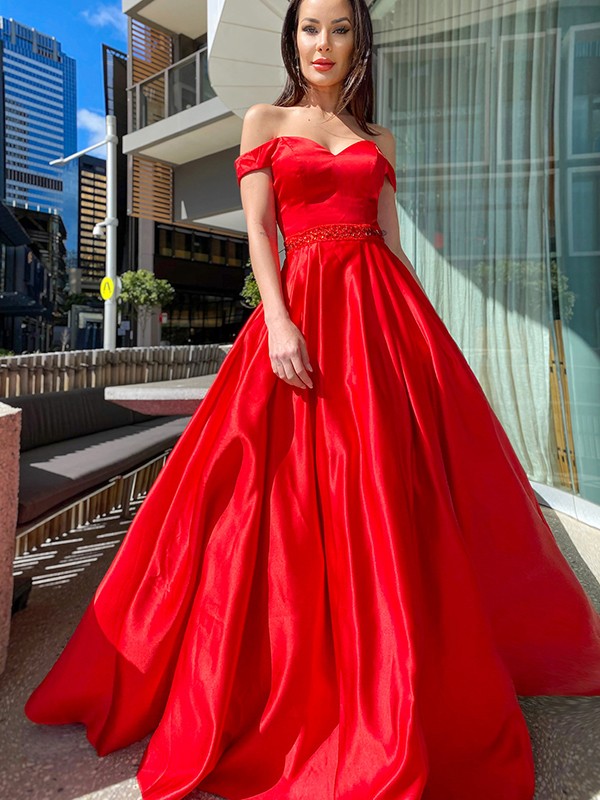 A-Line/Princess Sleeveless Off-the-Shoulder Satin Ruffles Floor-Length Dresses 4556