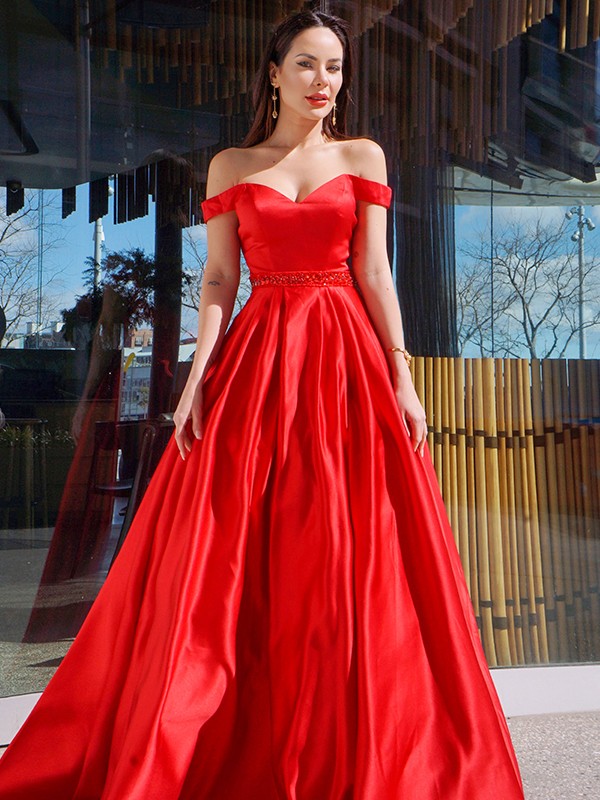 A-Line/Princess Sleeveless Off-the-Shoulder Satin Ruffles Floor-Length Dresses 4556