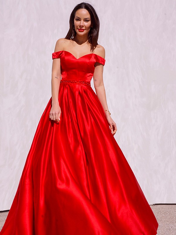 A-Line/Princess Sleeveless Off-the-Shoulder Satin Ruffles Floor-Length Dresses 4556