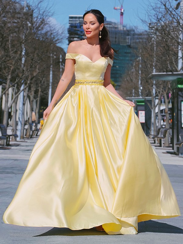 A-Line/Princess Sleeveless Off-the-Shoulder Satin Ruffles Floor-Length Dresses 4556