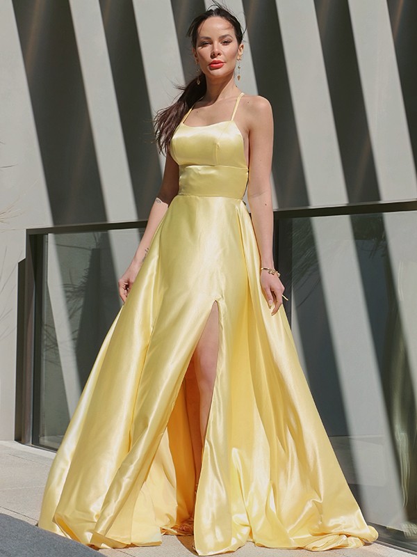 A-Line/Princess Spaghetti Straps Elastic Woven Satin Sleeveless Ruffles Sweep/Brush Train Dresses 4701