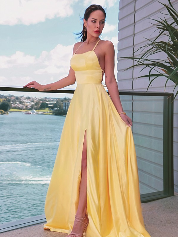 A-Line/Princess Spaghetti Straps Elastic Woven Satin Sleeveless Ruffles Sweep/Brush Train Dresses 4701