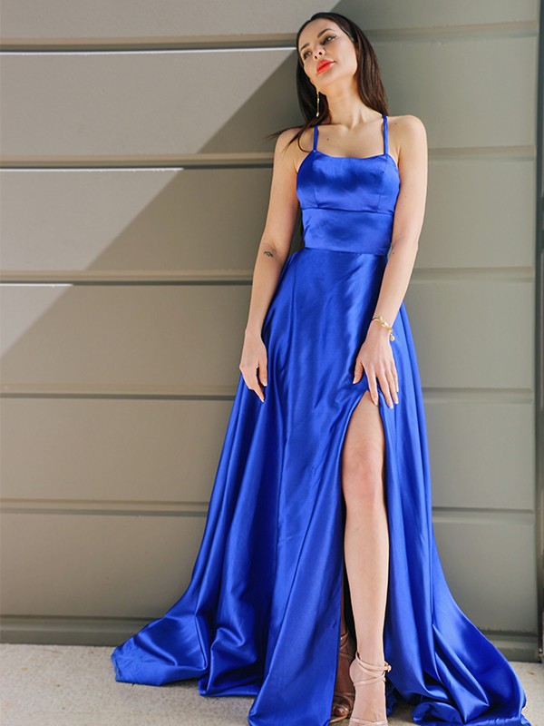 A-Line/Princess Spaghetti Straps Elastic Woven Satin Sleeveless Ruffles Sweep/Brush Train Dresses 4701