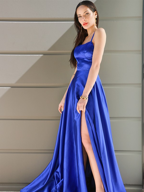 A-Line/Princess Spaghetti Straps Elastic Woven Satin Sleeveless Ruffles Sweep/Brush Train Dresses 4701