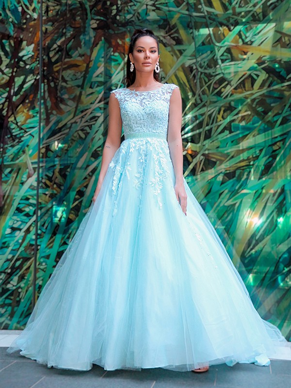 A-Line/Princess Scoop Sleeveless Tulle Applique Sweep/Brush Train Dresses 4370