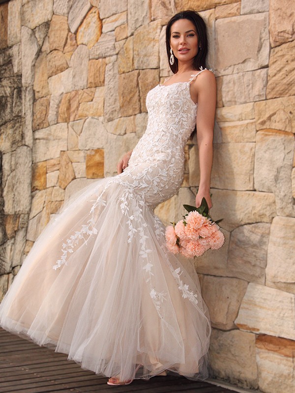 Trumpet/Mermaid Tulle Applique Sleeveless Spaghetti Straps Floor-Length Dresses 7555