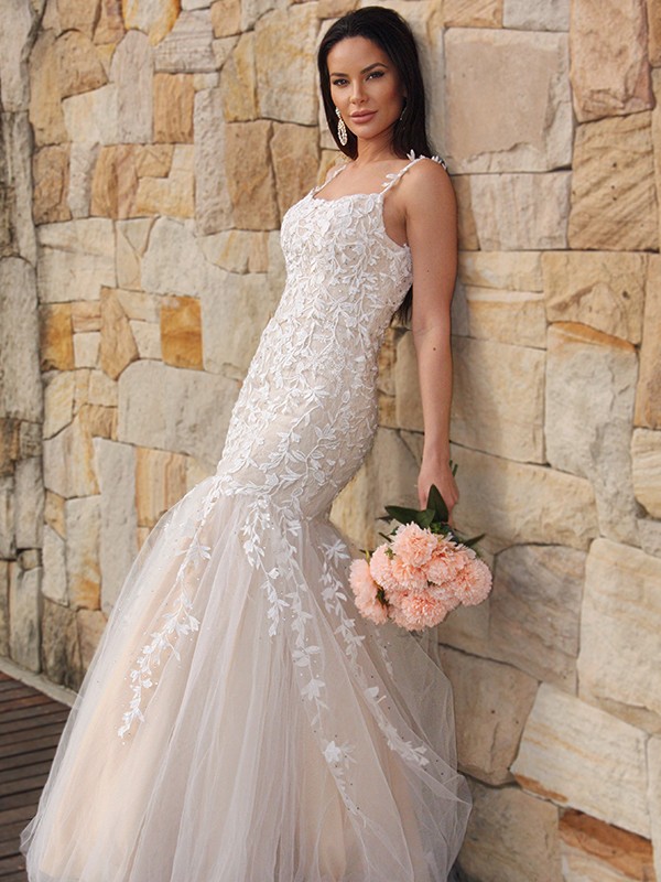 Trumpet/Mermaid Tulle Applique Sleeveless Spaghetti Straps Floor-Length Dresses 7555