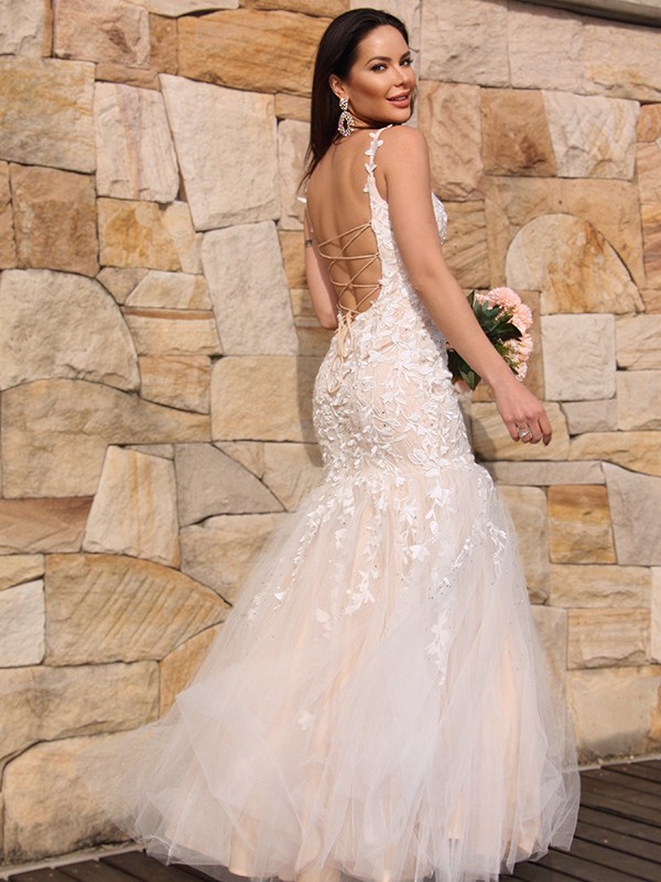 Trumpet/Mermaid Tulle Applique Sleeveless Spaghetti Straps Floor-Length Dresses 7555