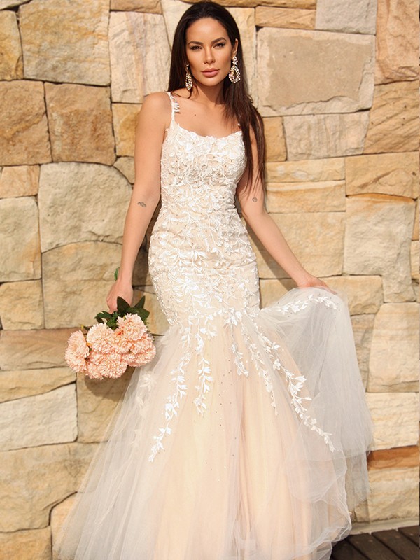 Trumpet/Mermaid Tulle Applique Sleeveless Spaghetti Straps Floor-Length Dresses 7555