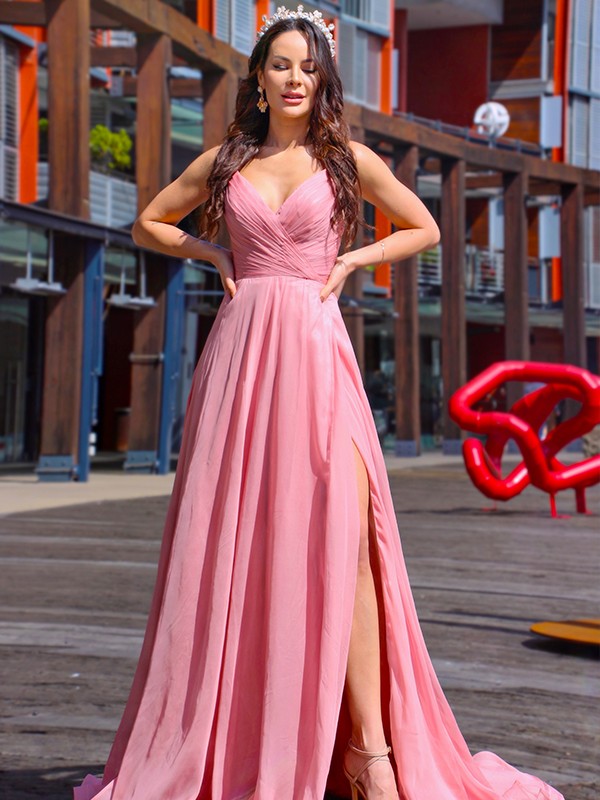 A-Line/Princess Chiffon Ruched Spaghetti Straps Sleeveless Sweep/Brush Train Dresses 3479